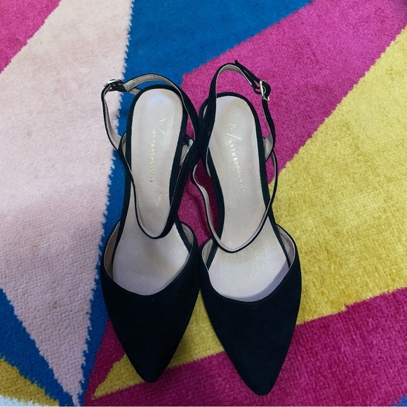 Anthropologie Black Pointed Toe Ankle Wrap Slingback Heels Size 7.5 - Picture 1 of 5